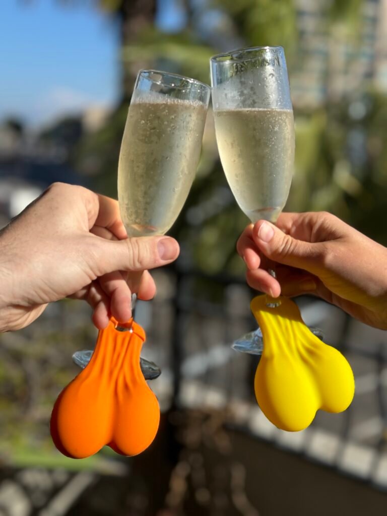Wine Nutz oversized silicone wine charms on champagne flutes