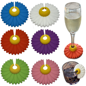 Flower Wine Charms set of 6 colorful daisy silicone drink markers on wine glasses